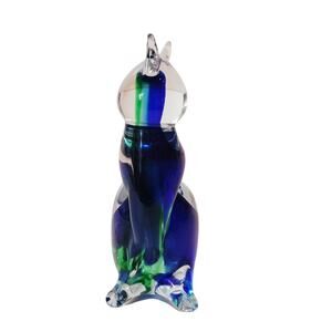 Murano Cat Art Glass Figurine Murano Italy Made Blue Green